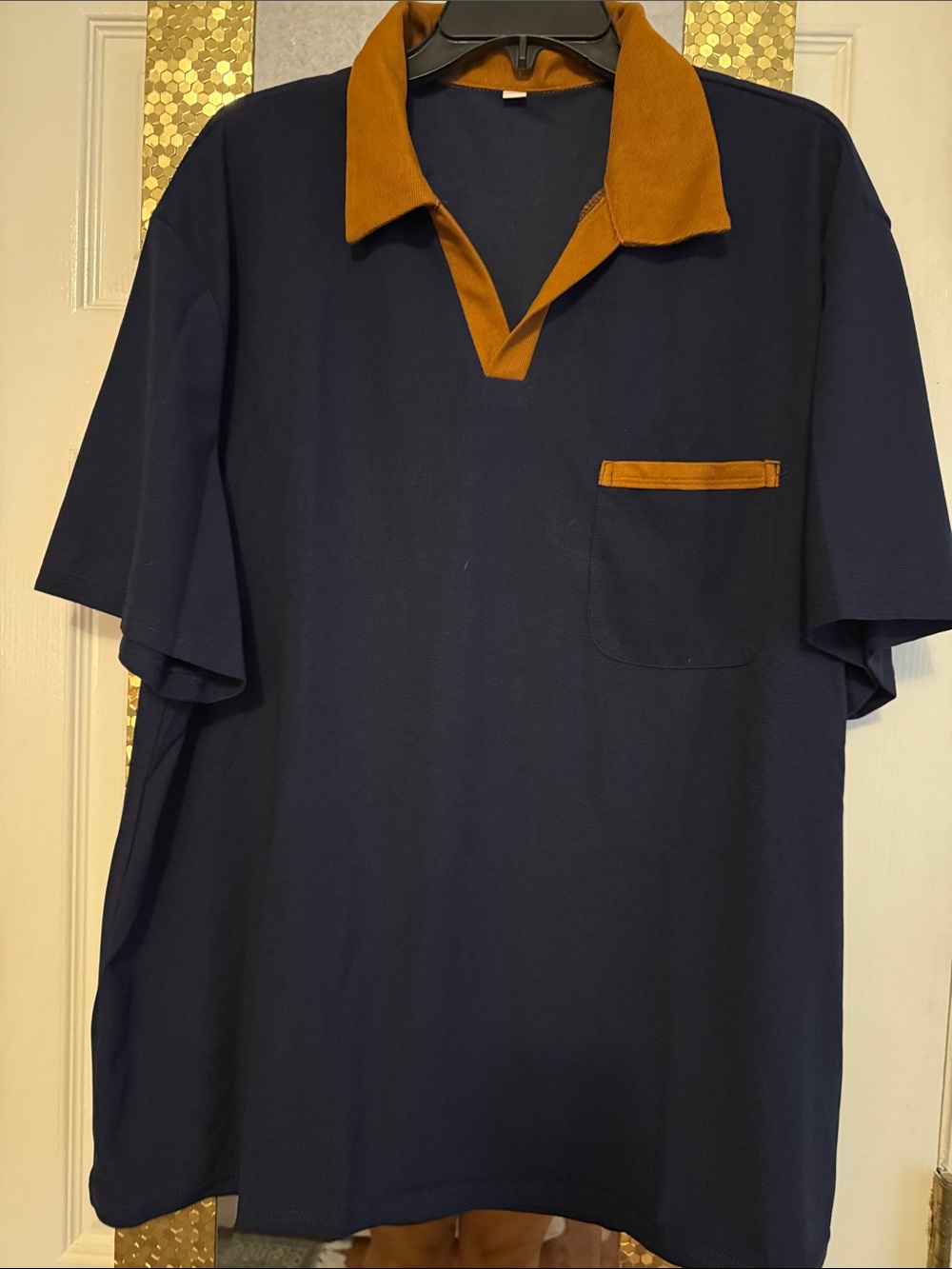 Men's Navy Blue Short-Sleeve Polo with Tan Contrast Collar